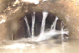 undichte Muffe mit einspritzendem Fremdwasser - Bild einer Inspektionskamera