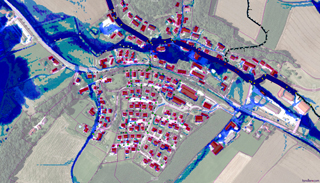 Grafik Überflutungssimulation einer kleinen Ortschaft