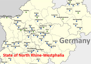 NRW-Karte mit Teilnehmern am Starkregen-Check-Projekt